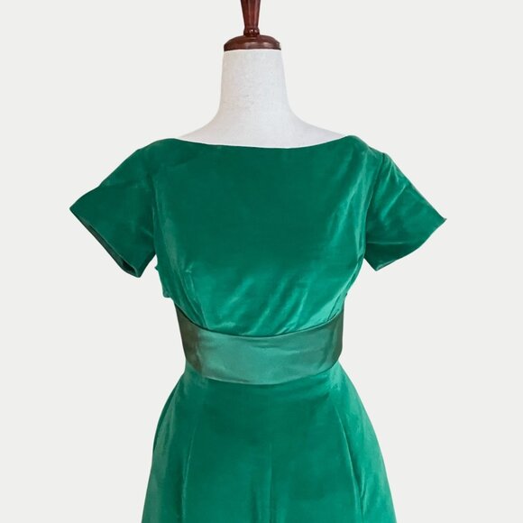 Vtg 1950s Kay Selig Emerald Green Velvet Evening Tea Length Dress Satin Bow Back - Picture 4 of 14